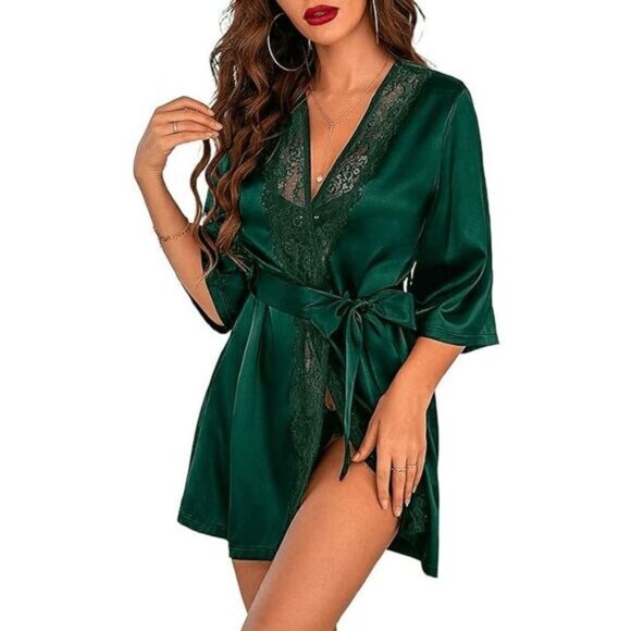 Adome Dark Emerald Green Short Satin Silky Kimono Robe, Large - Picture 7 of 8